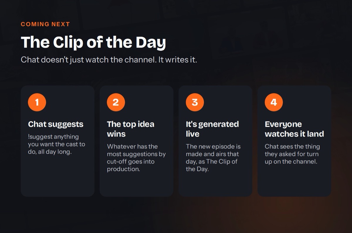 The Clip of the Day: chat suggests ideas all day, the top idea is generated and airs that day.