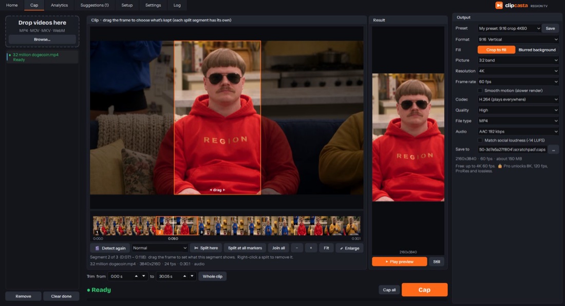 ClipCasta's Cap tab: a clip with an orange reframing box, a filmstrip timeline with scene splits, and output settings for 9:16 at 4K 60fps.