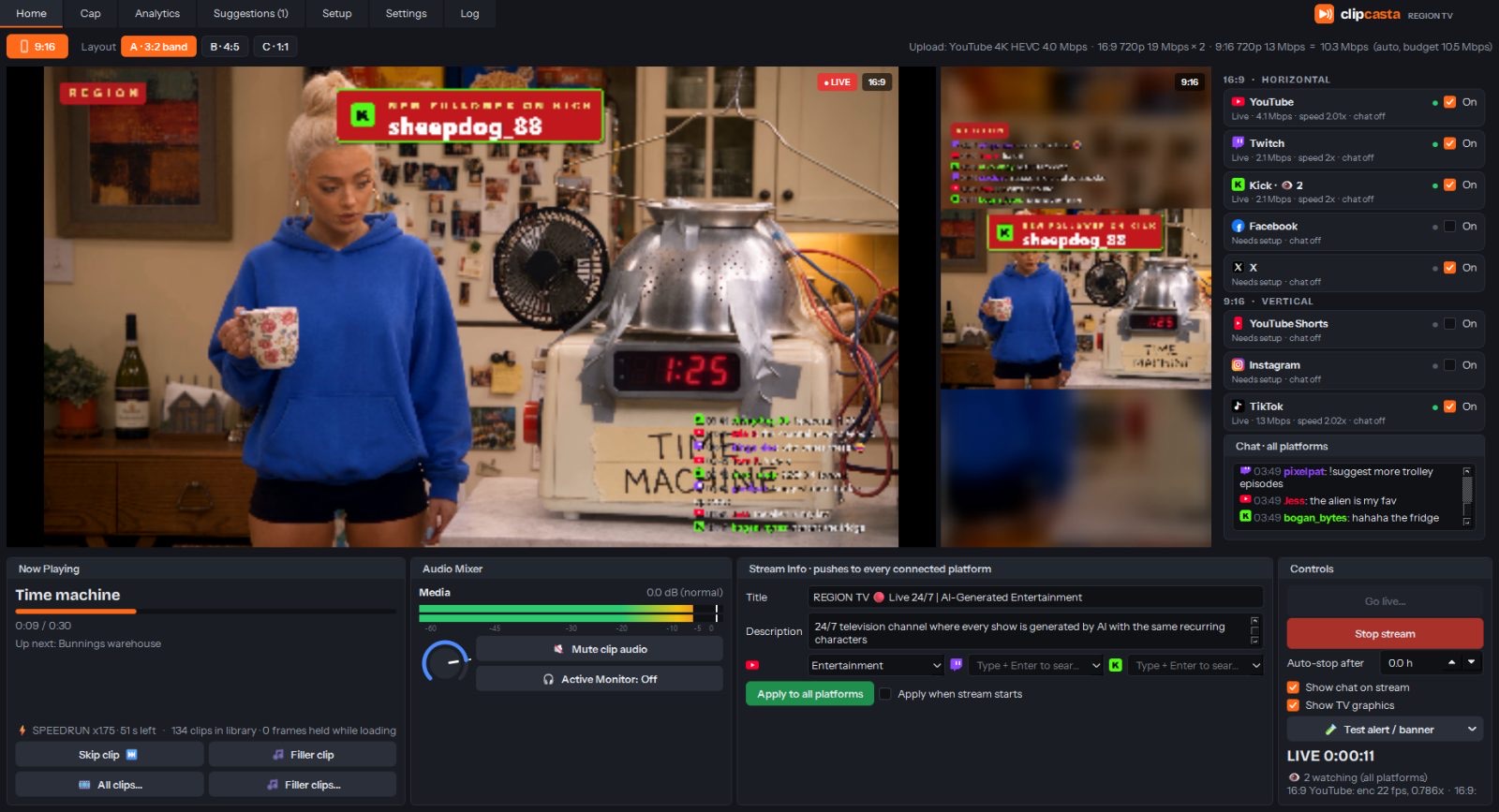 ClipCasta's Home tab: the live monitor, the 9:16 monitor, destination cards for YouTube, Twitch, Kick, Facebook, X, Shorts, Instagram and TikTok, merged chat, now playing, audio mixer and stream info.